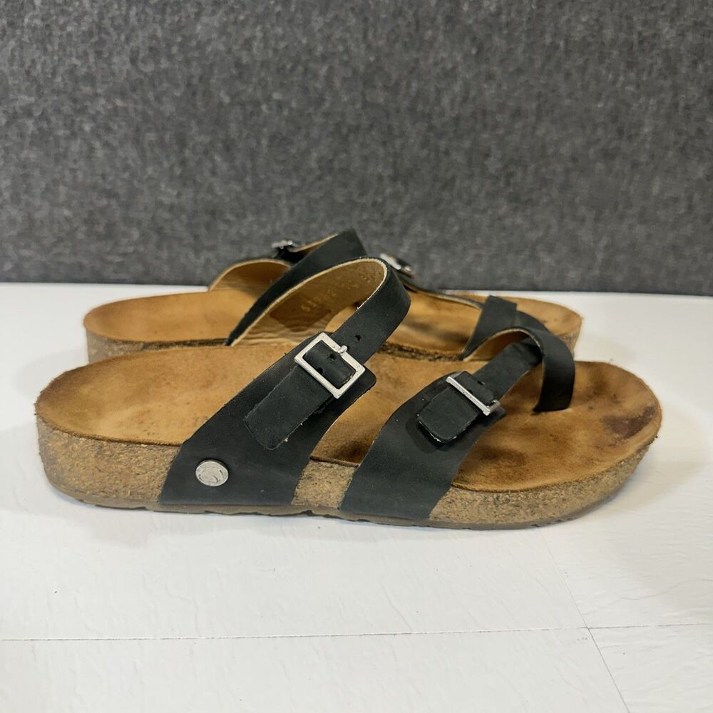 Haflinger Oiled Black Leather Toe Loop Sandals Two Strap Buckle US 6 EU 37 B1